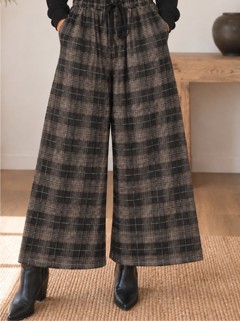 Made in Italy Wide Leg Plaid Trouser Pants - Brown